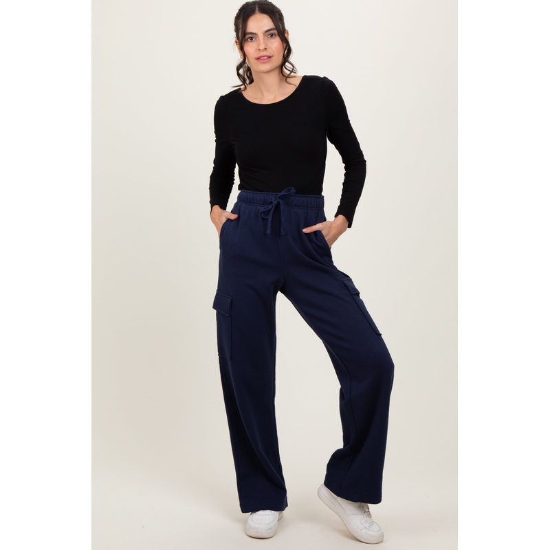 Navy Cargo Pocket Straight Leg Sweatpants