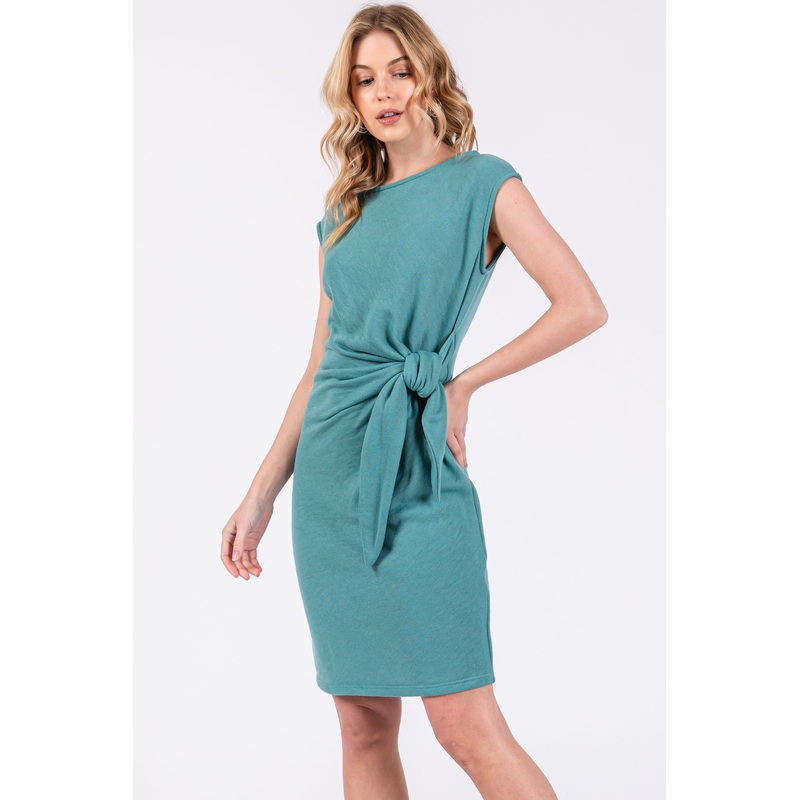 Teal Terry Knit Gathered Waist Dress
