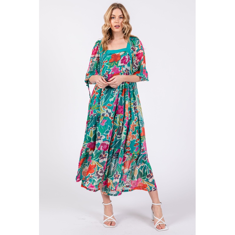 Turquoise Floral Half-Length Sleeve Tie Midi Dress