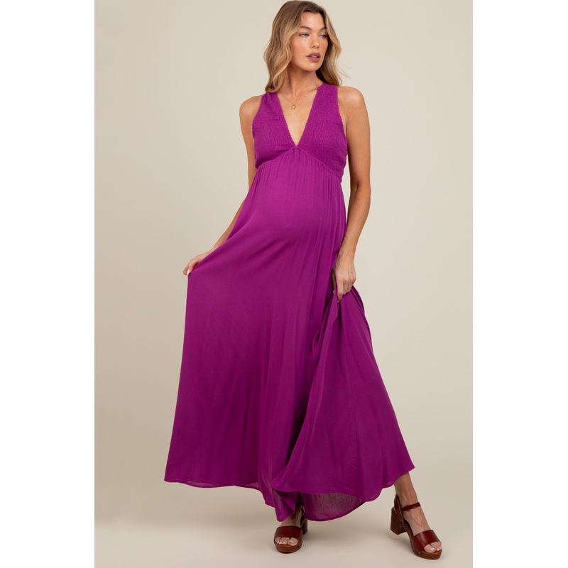 Violet Deep V-Neck Cross Back Maternity Maxi Dress