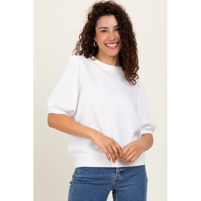 White Knit Puff Sleeve Top