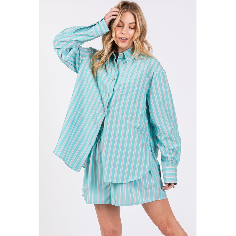 Aqua Striped Button Down Top and Short Set