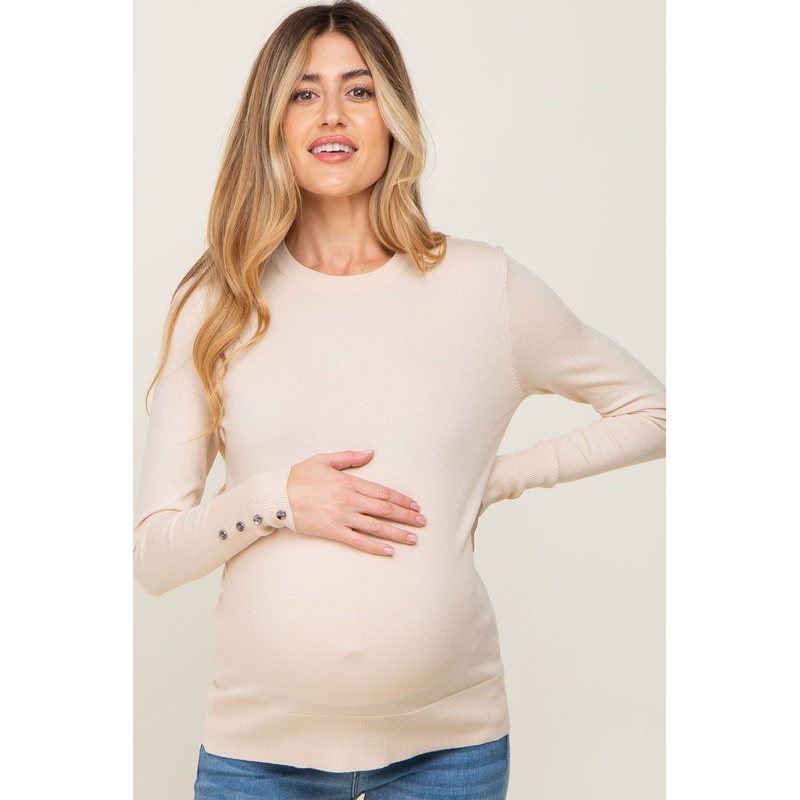 Beige Knit Long Button Sleeve Maternity Top