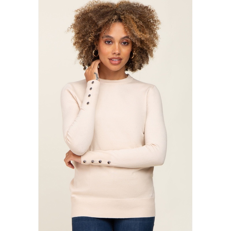 Beige Knit Long Button Sleeve Top