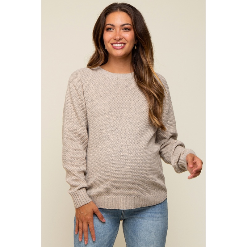 Beige Knit Pullover Maternity Sweater