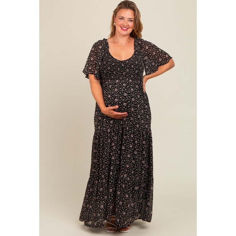 Black Floral Chiffon Smocked Maternity Plus Maxi Dress