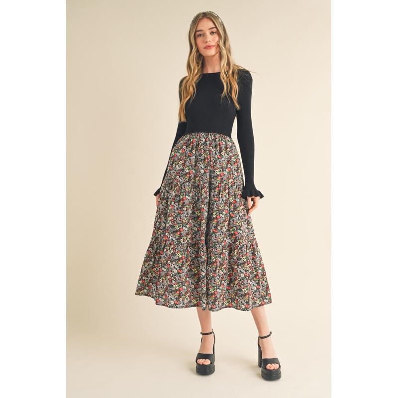 Black Floral Knit Midi Dress With Contrast Woven Skirt