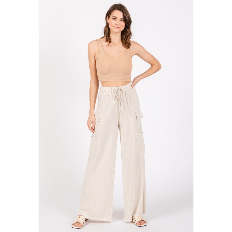 Cream Pocketed Drawstring Pants