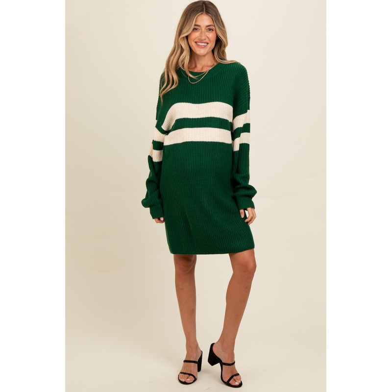 Forest Green Relaxed Fit Striped Mini Maternity Sweater Dress