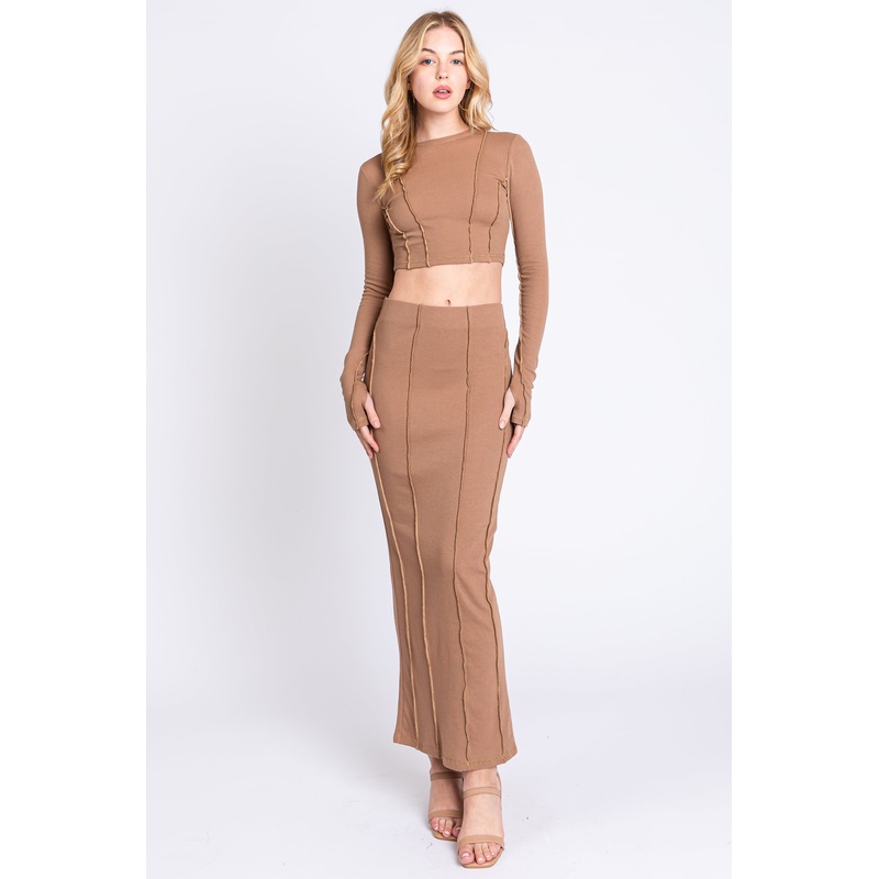 Mocha Exposed Seams Top and Skirt Set