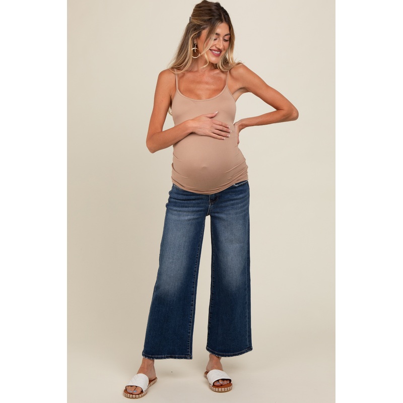 Navy Blue Wide Leg Cropped Maternity Jeans
