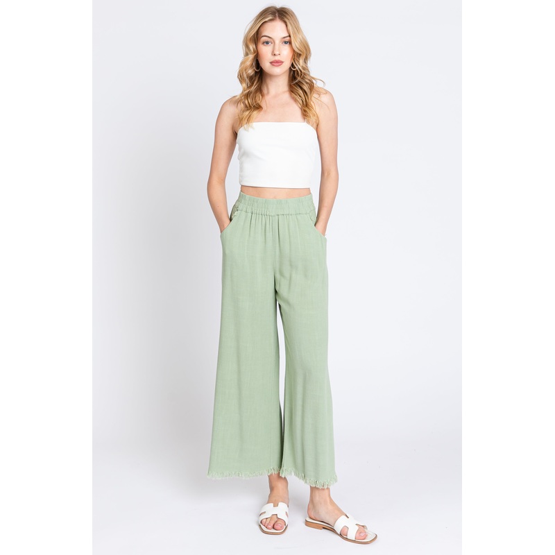 Sage Linen Frayed Hem Crop Pants
