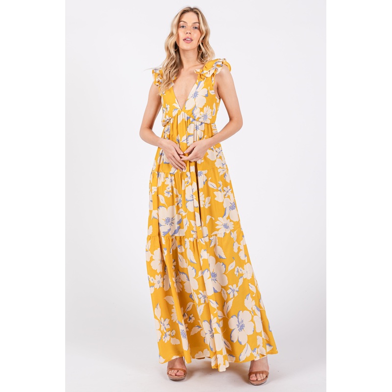 Yellow Floral Deep V-Neck Open Back Maxi Dress