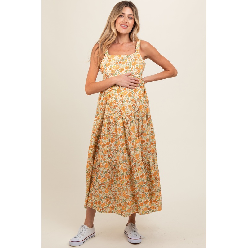 Yellow Floral Square Neck Cut Out Back Tiered Maternity Maxi Dress