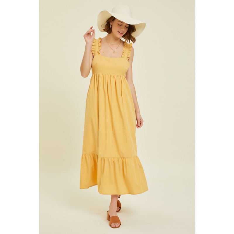 Yellow Ruffle Accent Back Tie Midi Dress
