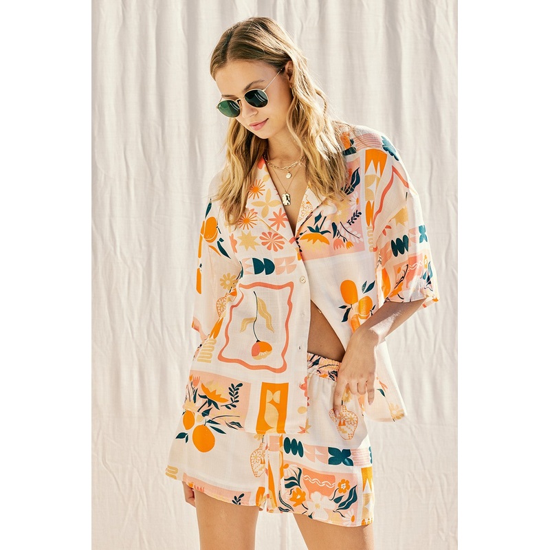 Apricot Printed Shirt Top And Shorts Set