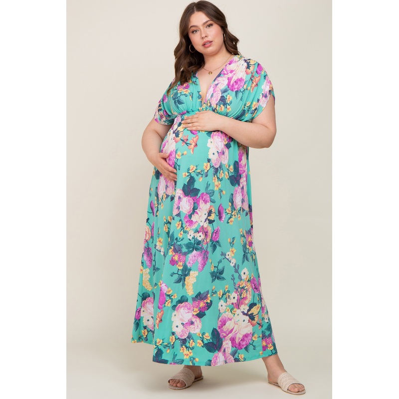 Aqua Floral Deep V-Neck Maternity Plus Maxi Dress