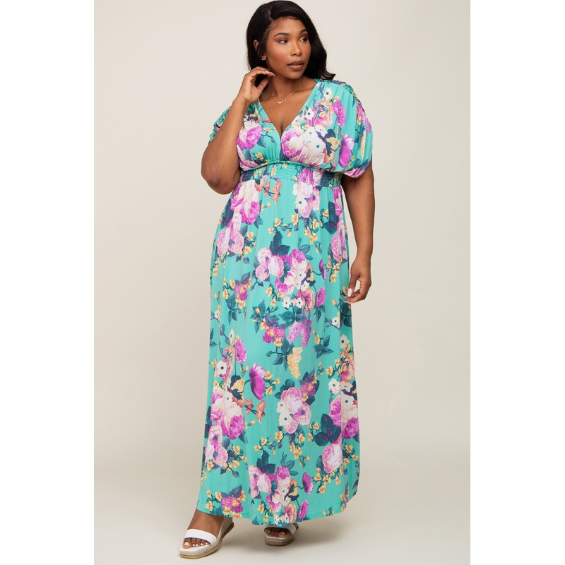 Aqua Floral Deep V-Neck Plus Maxi Dress