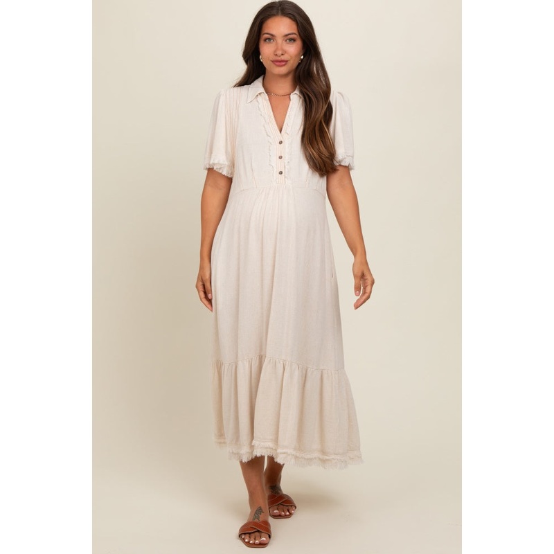 Beige Collared Pocketed Maternity Midi Dress