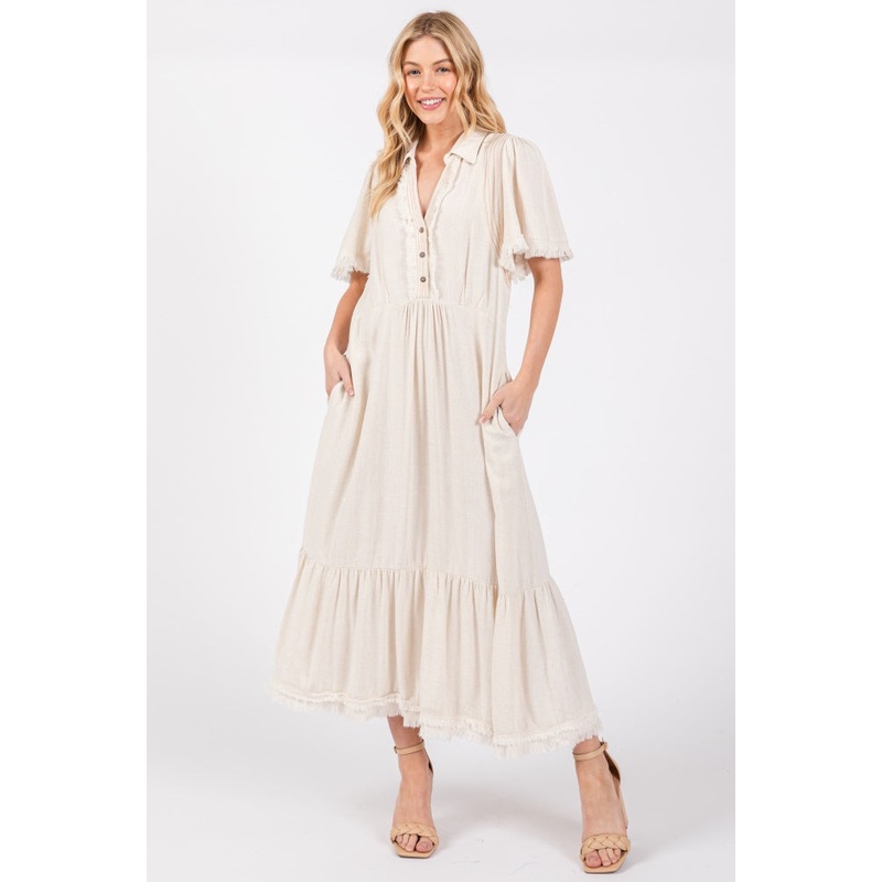 Beige Collared Pocketed Midi Dress