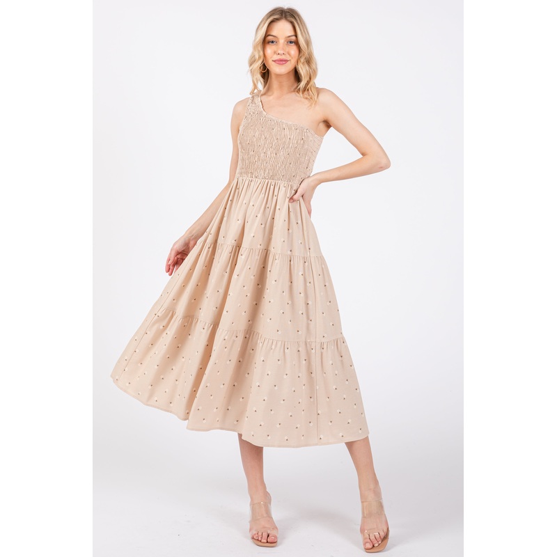 Beige Floral Linen Smocked One Shoulder Tiered Midi Dress