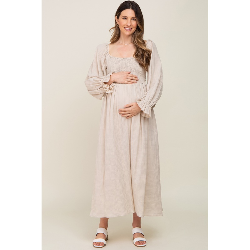Beige Gauze Smocked Maternity Midi Dress