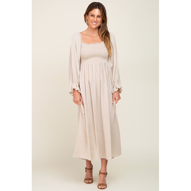 Beige Gauze Smocked Midi Dress