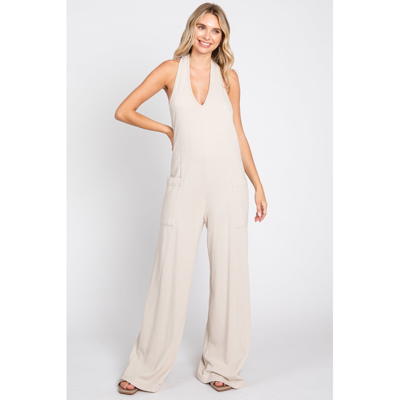Beige Halter Front Pocket Knit Jumpsuit