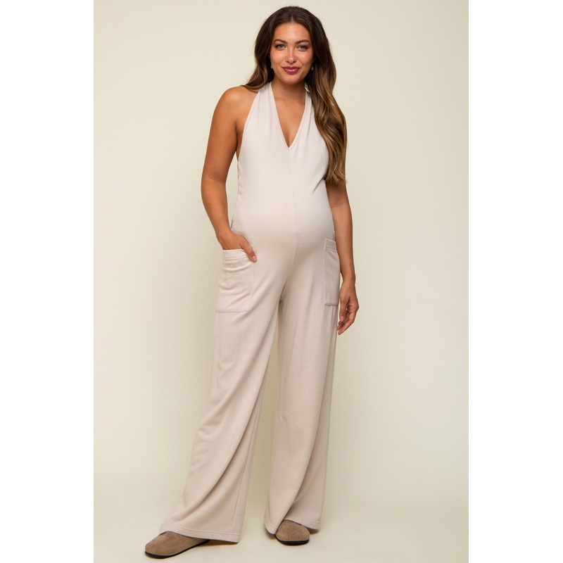 Beige Halter Front Pocket Knit Maternity Jumpsuit