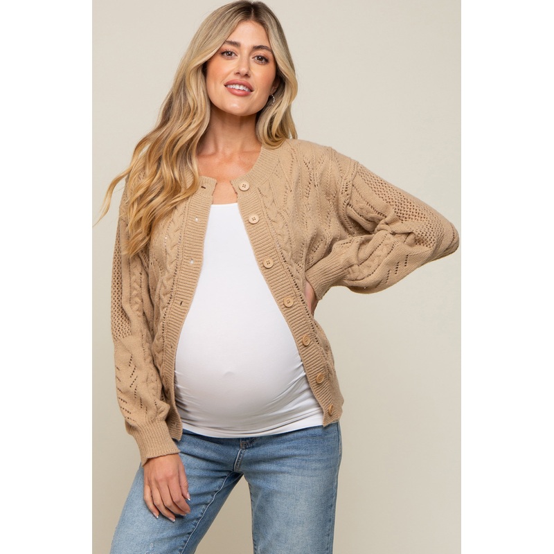 Beige Mixed Knit Maternity Cardigan
