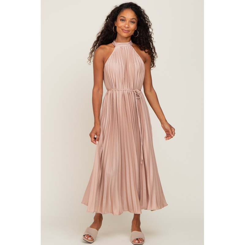 Beige Pleated Halter Dress