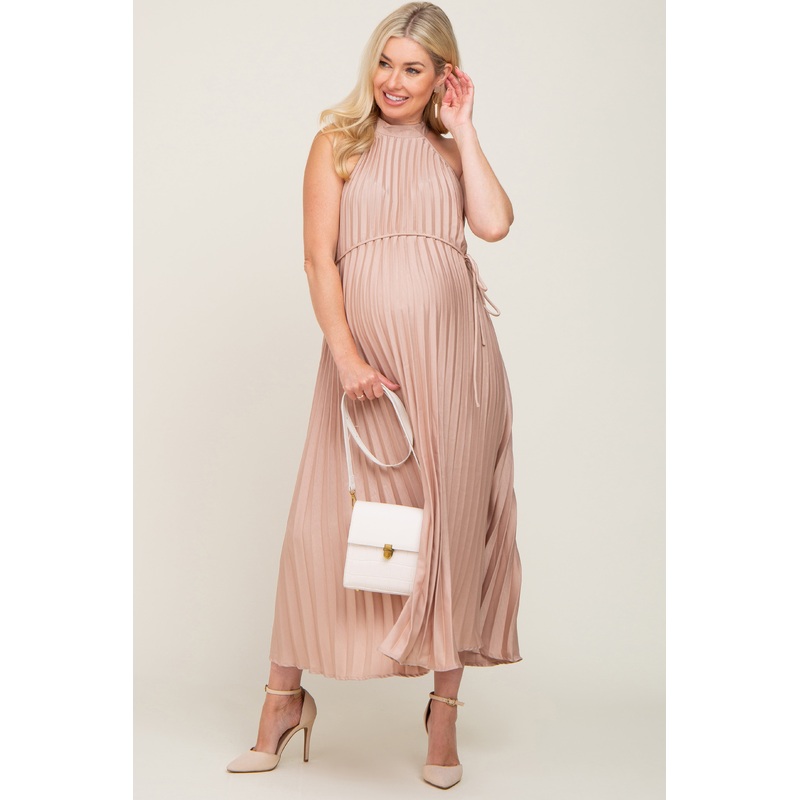 Beige Pleated Maternity Halter Dress