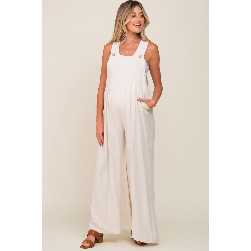 Beige Sleeveless Wide Leg Maternity Jumpsuit