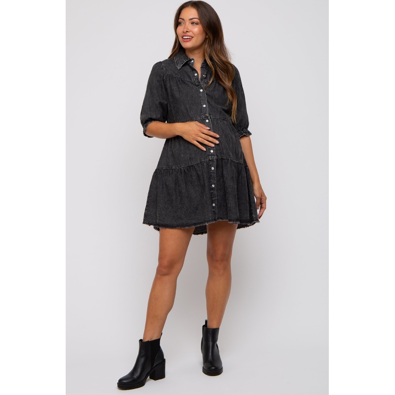 Black Chambray Maternity Tiered Shirt Dress