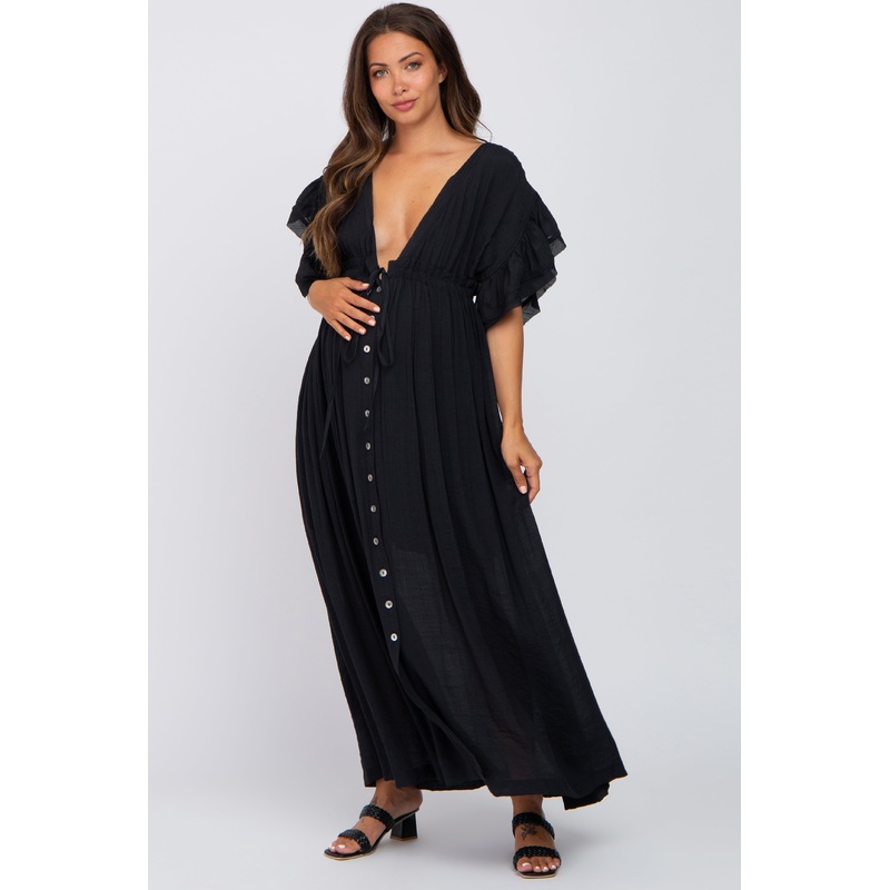 Black Deep V-Neck Button Down Maternity Maxi Dress