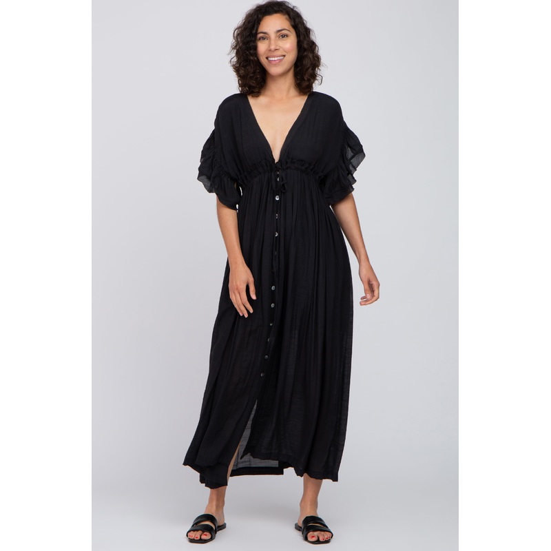 Black Deep V-Neck Button Down Maxi Dress