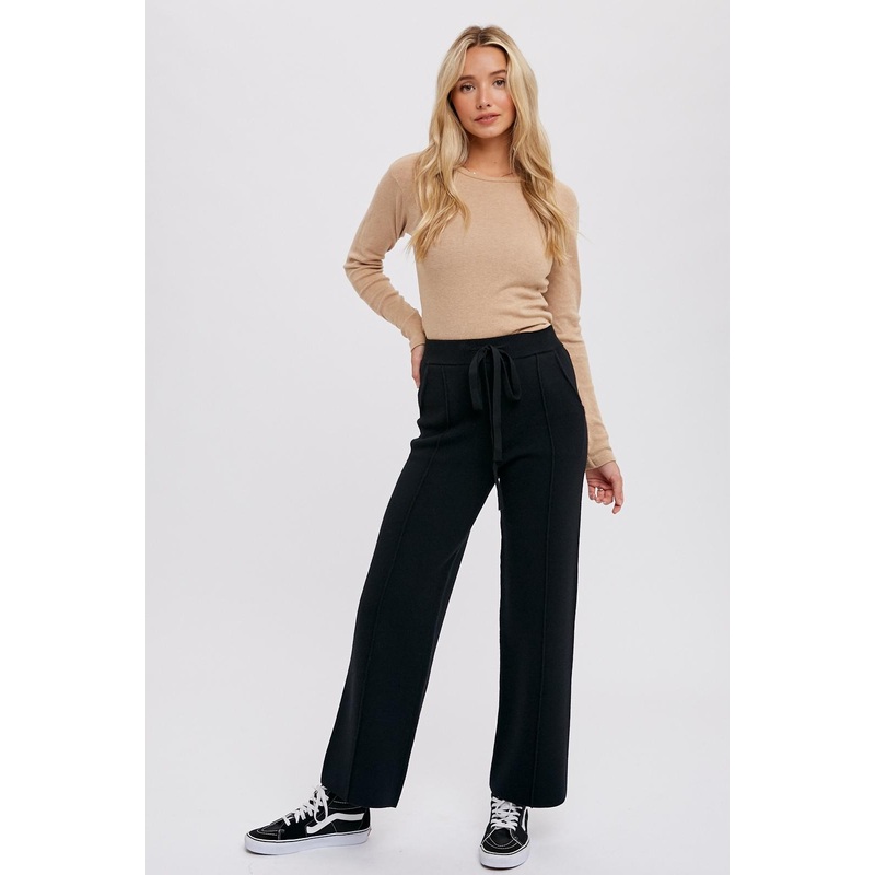 Black Front Seam Sweater Knit Drawstring Pants