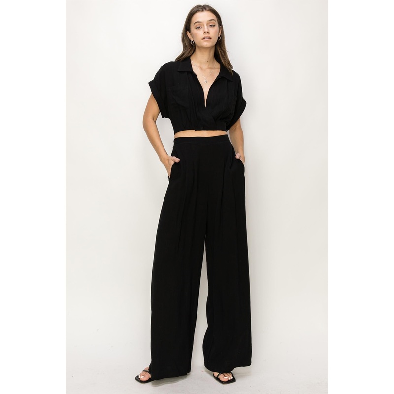 Black Top And Wide Leg Pants Set