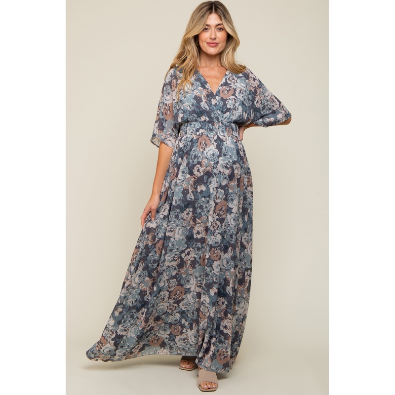 Blue Floral Wrap Front V-Neck Smocked Waist Maternity Maxi Dress