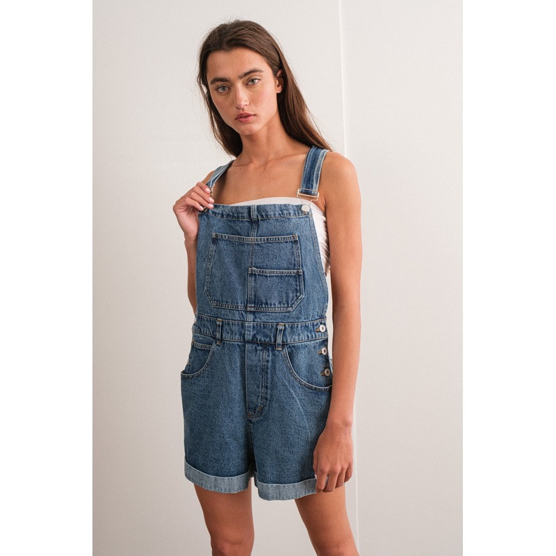 Blue Rolled Hem Short Overalls