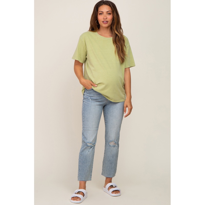 Light Blue Distressed Knee Maternity Straight Leg Jeans