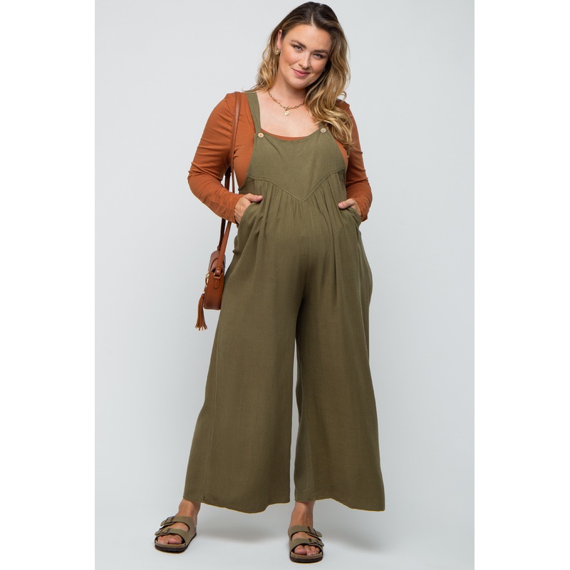 Olive Linen Maternity Plus Overalls