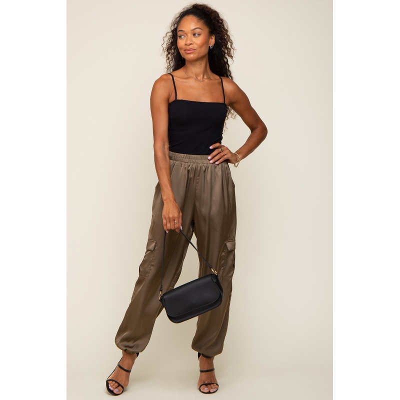 Olive Satin Cargo Jogger Pants