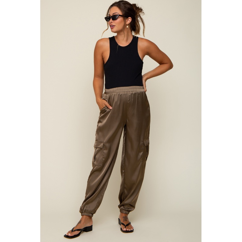 Olive Satin Cargo Maternity Jogger Pants