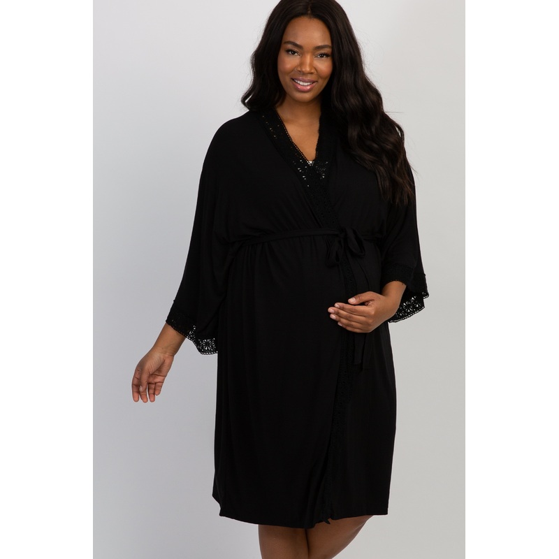 PinkBlush Black Crochet Trim Plus Delivery/Nursing Maternity Robe