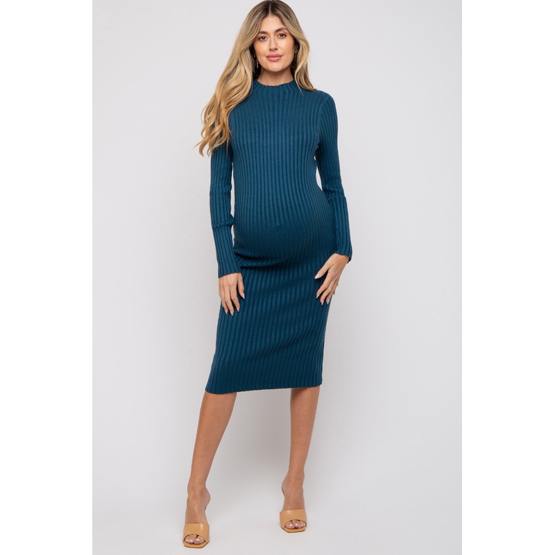 Teal Ribbed Mock Neck Maternity Sweater Dress