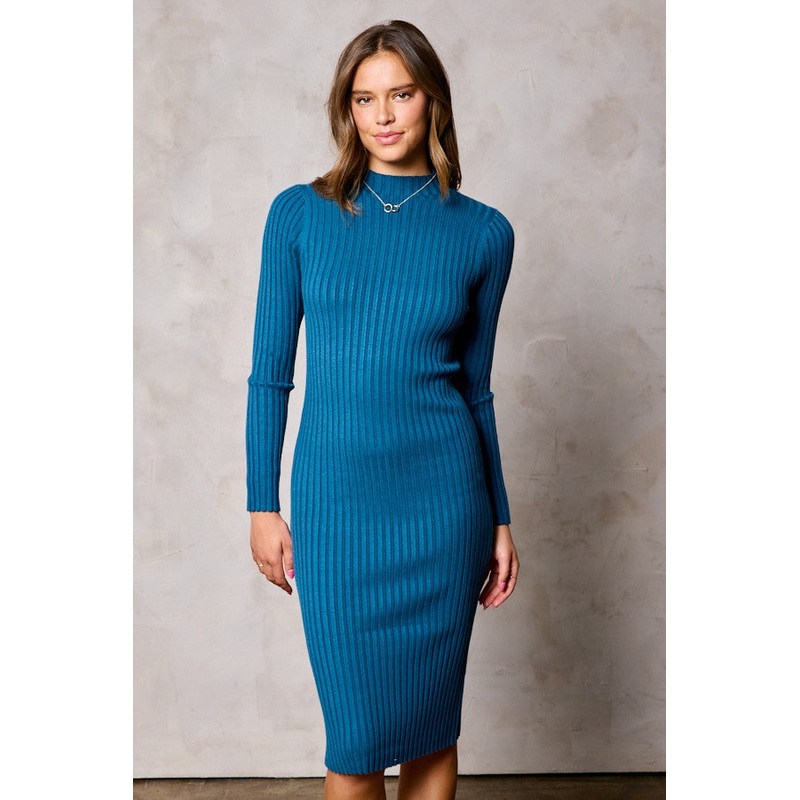 Teal Ribbed Mock Neck Sweater Dress