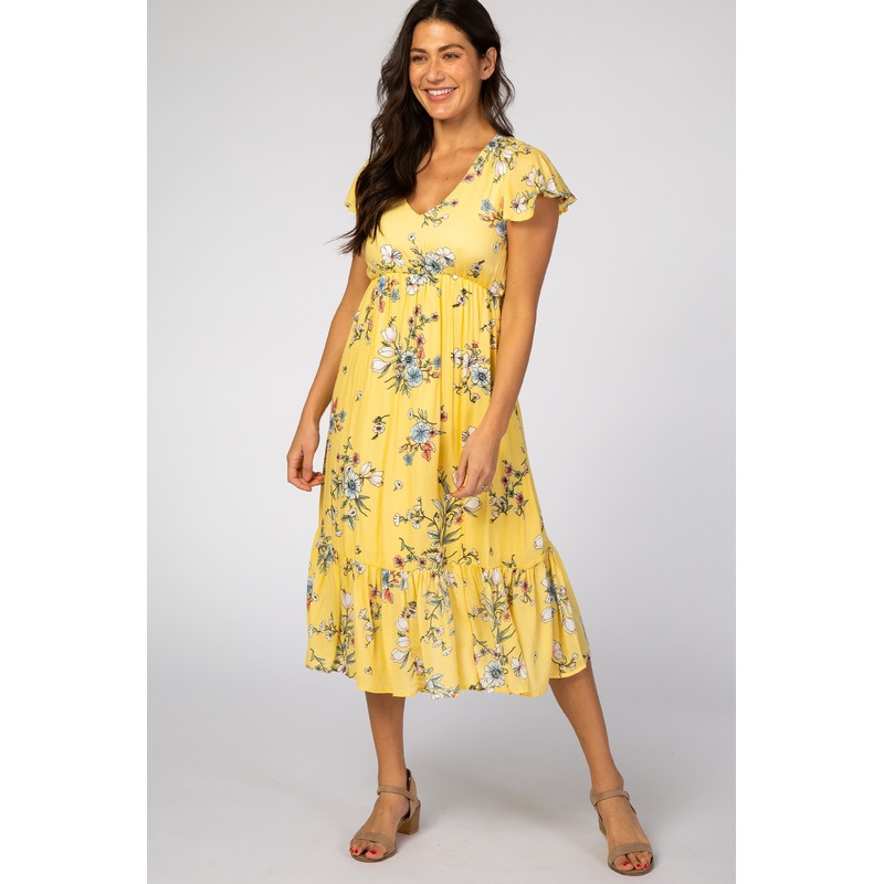 Yellow Floral Flounce Sleeve Midi Dress