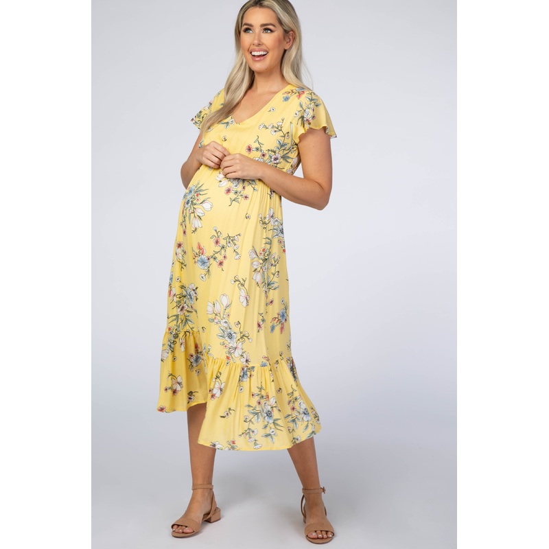 Yellow Floral Flounce Sleeve Midi Maternity Dress