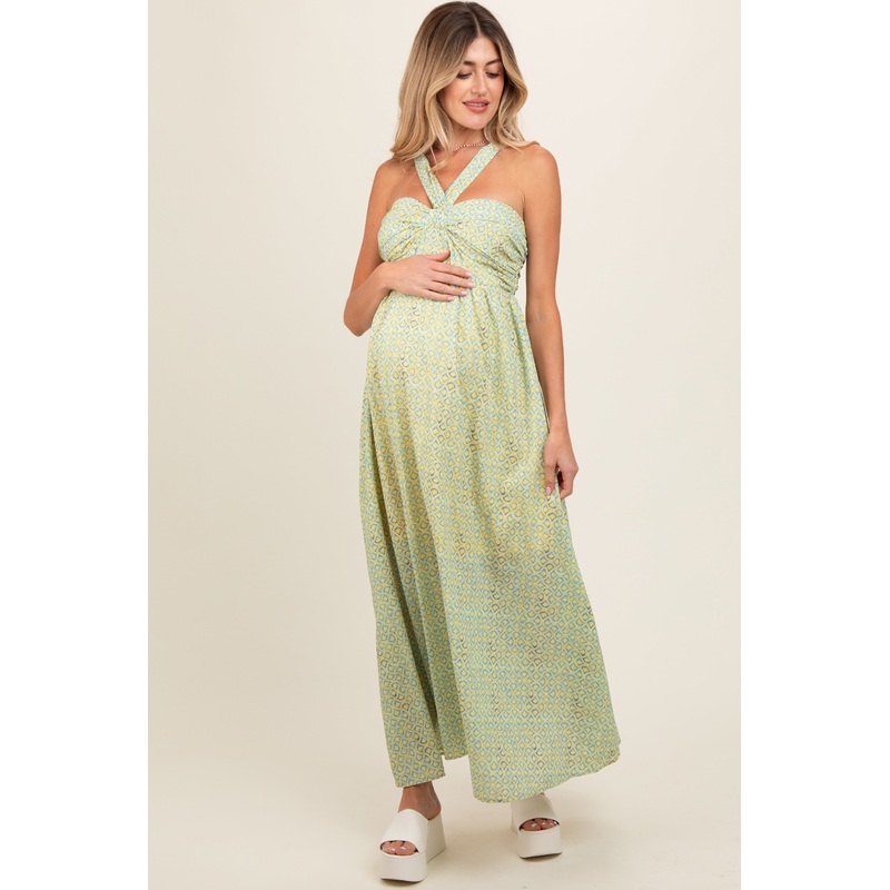 Yellow Print Halter Maternity Maxi Dress